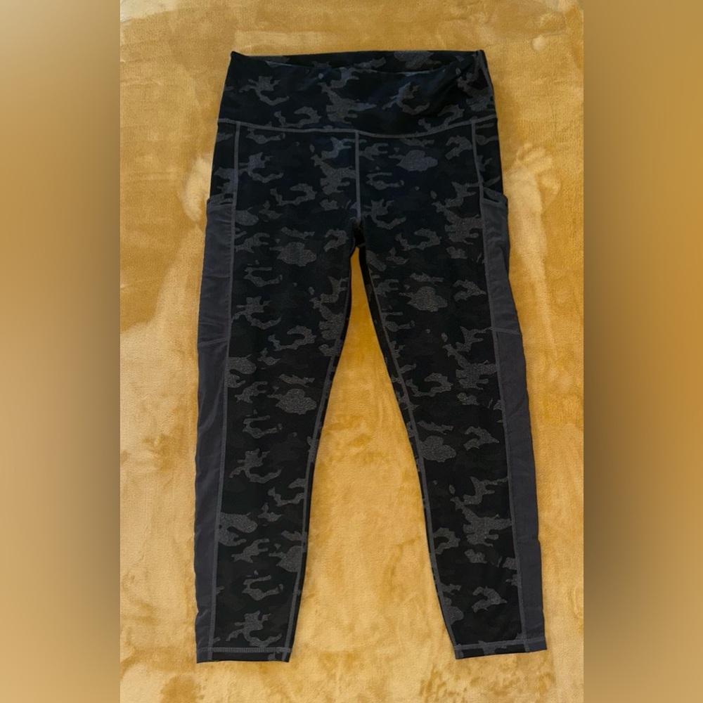 Fabletics Black and Gray Camouflage Capri Leggings